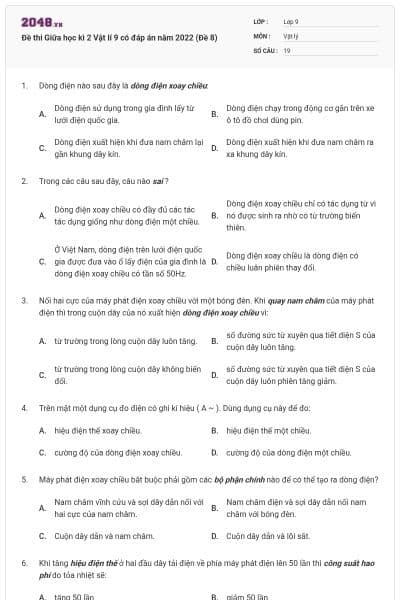 Đề thi Giữa học kì 2 Vật lí 9 có đáp án năm 2022 (Đề 8)