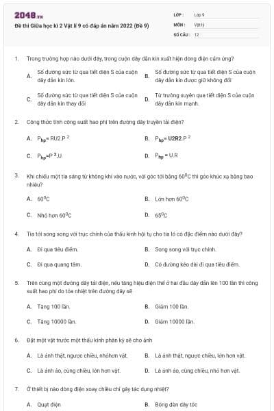 Đề thi Giữa học kì 2 Vật lí 9 có đáp án năm 2022 (Đề 9)