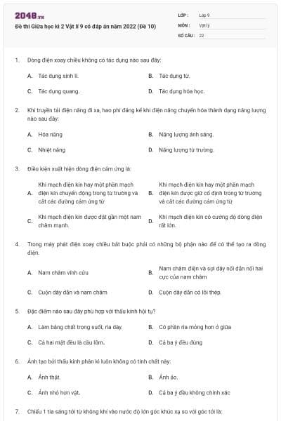 Đề thi Giữa học kì 2 Vật lí 9 có đáp án năm 2022 (Đề 10)