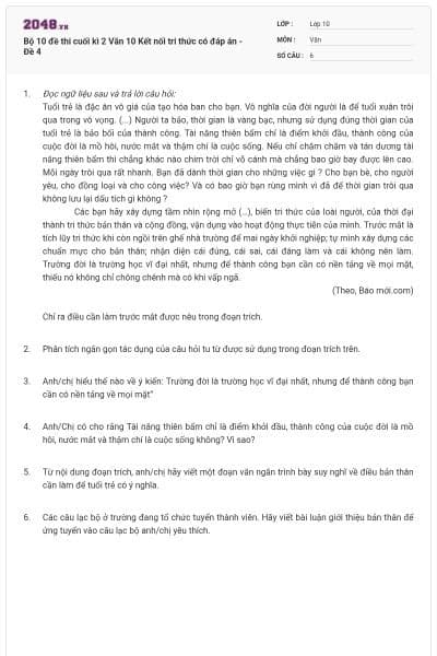 Bộ 10 đề thi cuối kì 2 Văn 10 Kết nối tri thức có đáp án - Đề 4