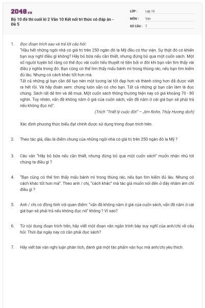 Bộ 10 đề thi cuối kì 2 Văn 10 Kết nối tri thức có đáp án - Đề 5