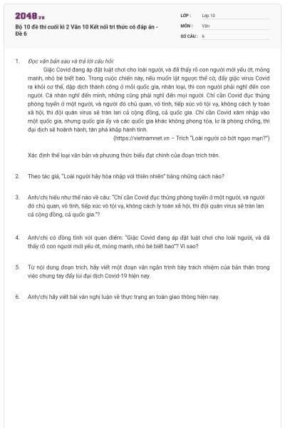 Bộ 10 đề thi cuối kì 2 Văn 10 Kết nối tri thức có đáp án - Đề 6