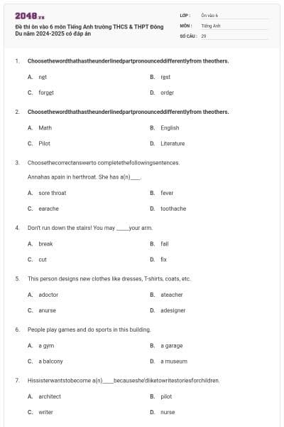 Đề thi ôn vào 6 môn Tiếng Anh trường THCS & THPT Đông Du năm 2024-2025 có đáp án