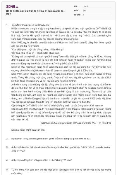 Bộ 10 đề thi cuối kì 2 Văn 10 Kết nối tri thức có đáp án - Đề 7