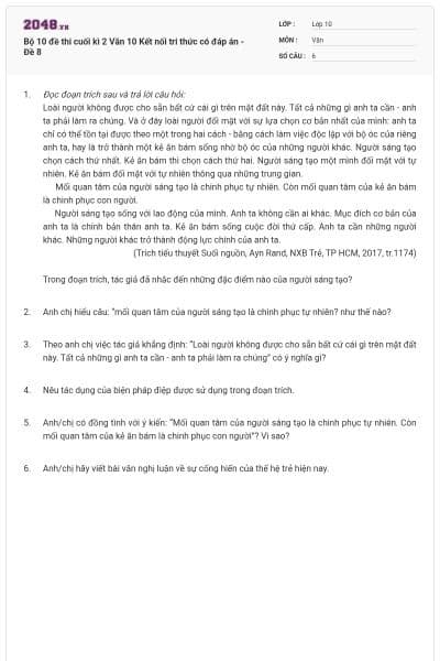 Bộ 10 đề thi cuối kì 2 Văn 10 Kết nối tri thức có đáp án - Đề 8
