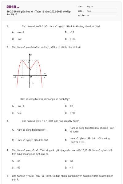 Bộ 20 đề thi giữa học kì 1 Toán 12 năm 2022-2023 có đáp án- Đề 13