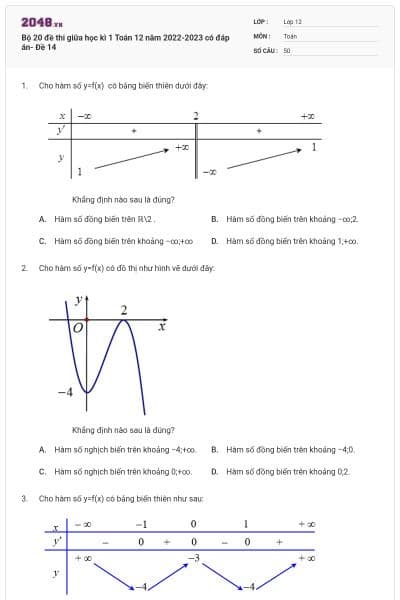 Bộ 20 đề thi giữa học kì 1 Toán 12 năm 2022-2023 có đáp án- Đề 14