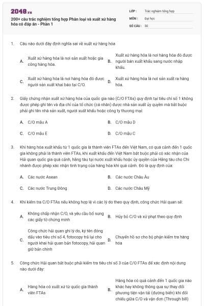 200+ câu trắc nghiệm tổng hợp Phân loại và xuất xứ hàng hóa có đáp án - Phần 1