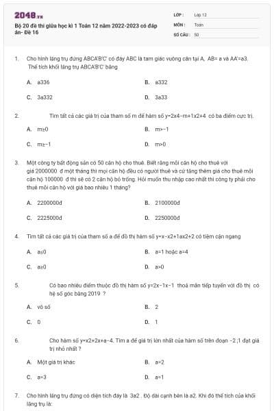 Bộ 20 đề thi giữa học kì 1 Toán 12 năm 2022-2023 có đáp án- Đề 16