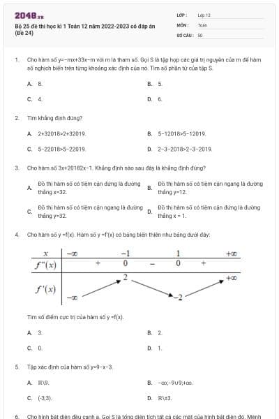 Bộ 25 đề thi học kì 1 Toán 12 năm 2022-2023 có đáp án (Đề 24)