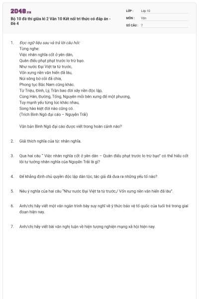 Bộ 10 đề thi giữa kì 2 Văn 10 Kết nối tri thức có đáp án - Đề 4