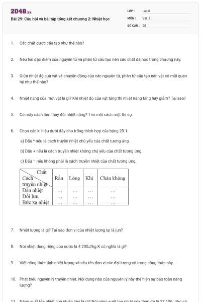 Bài 29: Câu hỏi và bài tập tổng kết chương 2: Nhiệt học
