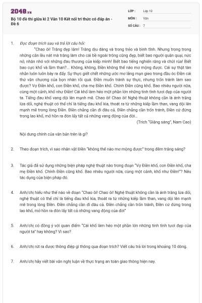Bộ 10 đề thi giữa kì 2 Văn 10 Kết nối tri thức có đáp án - Đề 6