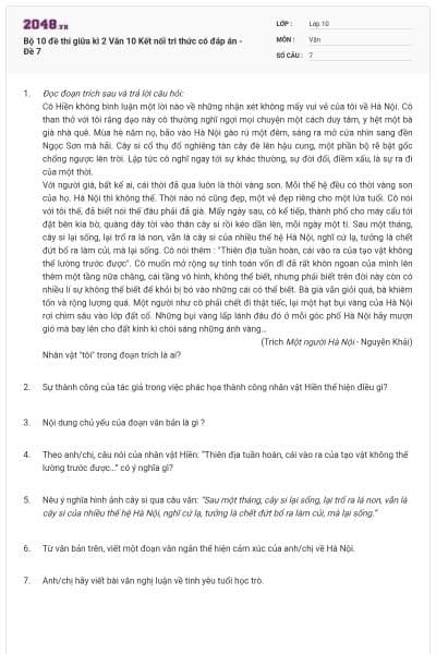 Bộ 10 đề thi giữa kì 2 Văn 10 Kết nối tri thức có đáp án - Đề 7