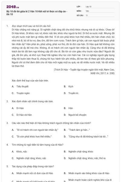 Bộ 10 đề thi giữa kì 2 Văn 10 Kết nối tri thức có đáp án - Đề 10