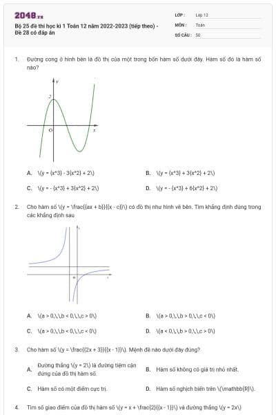 Bộ 25 đề thi học kì 1 Toán 12 năm 2022-2023 (tiếp theo) - Đề 28 có đáp án