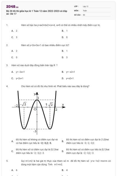 Bộ 20 đề thi giữa học kì 1 Toán 12 năm 2022-2023 có đáp án- Đề 17