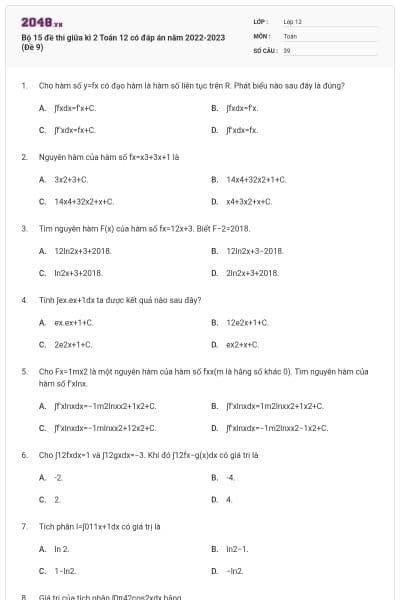 Bộ 15 đề thi giữa kì 2 Toán 12 có đáp án năm 2022-2023 (Đề 9)
