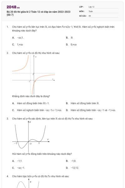 Bộ 20 đề thi giữa kì 2 Toán 12 có đáp án năm 2022-2023 (Đề 7)