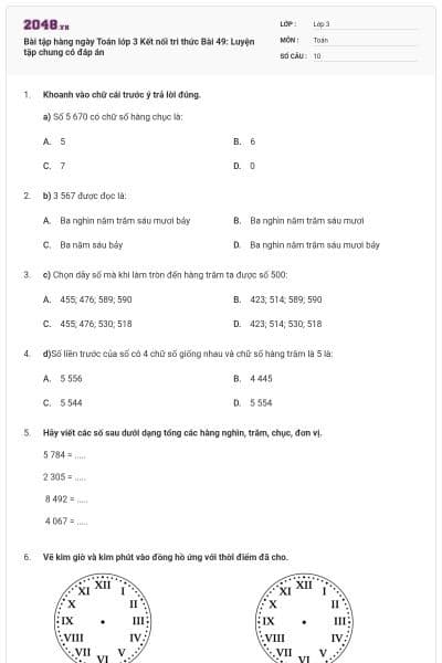 Bài tập hàng ngày Toán lớp 3 Kết nối tri thức Bài 49: Luyện tập chung có đáp án