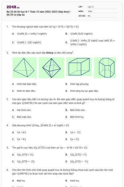 Bộ 25 đề thi học kì 1 Toán 12 năm 2022-2023 (tiếp theo) - Đề 29 có đáp án