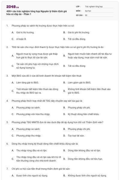 400+ câu trắc nghiệm tổng hợp Nguyên lý thẩm định giá hóa có đáp án - Phần 1