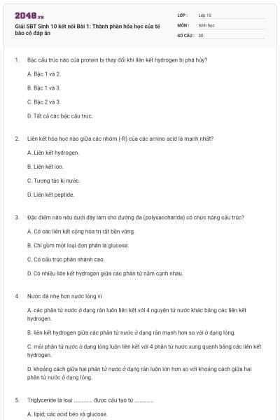 Giải SBT Sinh 10 kết nối Bài 1: Thành phần hóa học của tế bào có đáp án