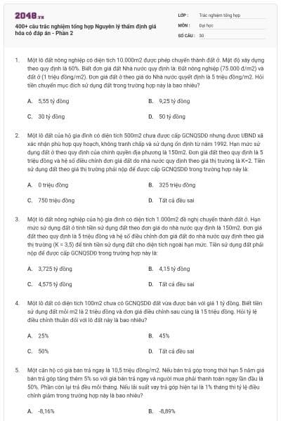400+ câu trắc nghiệm tổng hợp Nguyên lý thẩm định giá hóa có đáp án - Phần 2