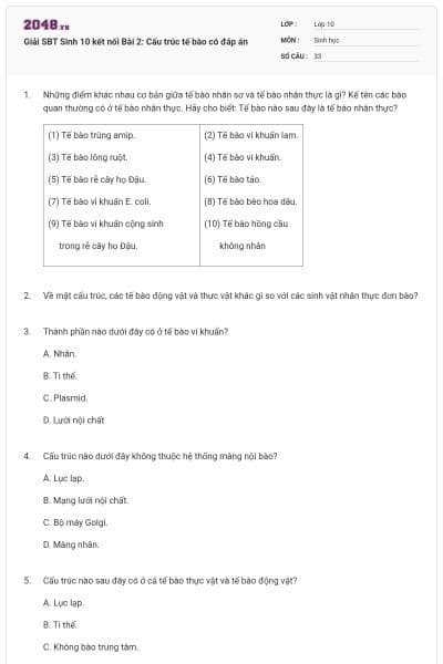 Giải SBT Sinh 10 kết nối Bài 2: Cấu trúc tế bào có đáp án