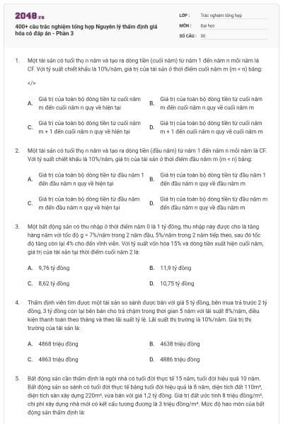 400+ câu trắc nghiệm tổng hợp Nguyên lý thẩm định giá hóa có đáp án - Phần 3