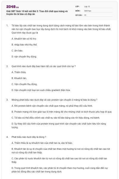 Giải SBT Sinh 10 kết nối Bài 3: Trao đổi chất qua màng và truyền tin tế bào có đáp án
