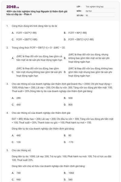 400+ câu trắc nghiệm tổng hợp Nguyên lý thẩm định giá hóa có đáp án - Phần 4