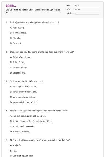 Giải SBT Sinh 10 kết nối Bài 6: Sinh học vi sinh vật có đáp án