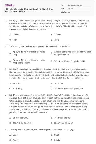 400+ câu trắc nghiệm tổng hợp Nguyên lý thẩm định giá hóa có đáp án - Phần 7