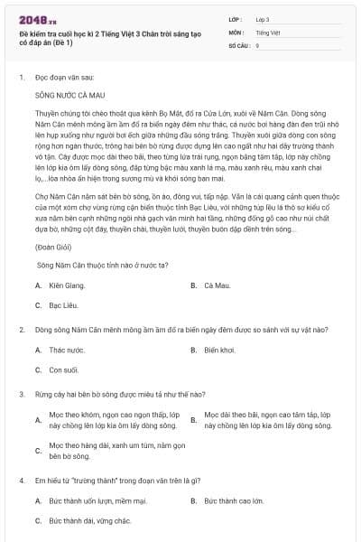 Đề kiểm tra cuối học kì 2 Tiếng Việt 3 Chân trời sáng tạo có đáp án (Đề 1)