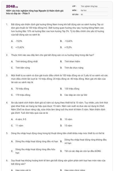 400+ câu trắc nghiệm tổng hợp Nguyên lý thẩm định giá hóa có đáp án - Phần 9