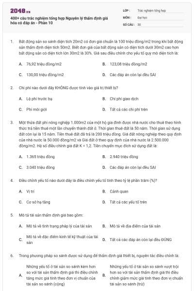 400+ câu trắc nghiệm tổng hợp Nguyên lý thẩm định giá hóa có đáp án - Phần 10