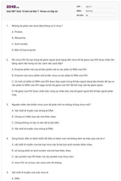 Giải SBT Sinh 10 kết nối Bài 7: Viruts có đáp án