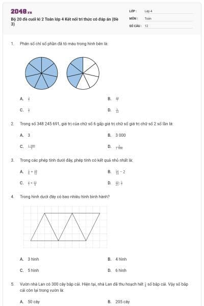 Bộ 20 đề cuối kì 2 Toán lớp 4 Kết nối tri thức có đáp án (Đề 3)