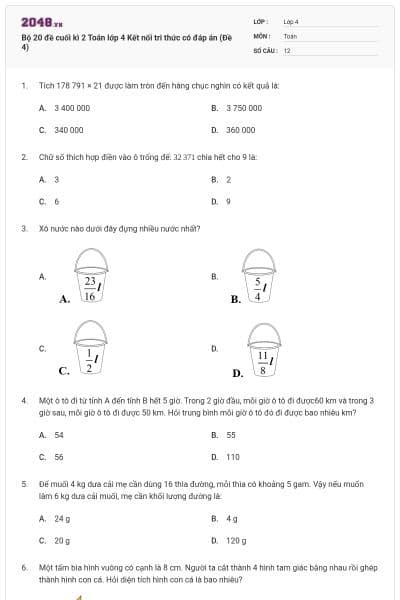 Bộ 20 đề cuối kì 2 Toán lớp 4 Kết nối tri thức có đáp án (Đề 4)
