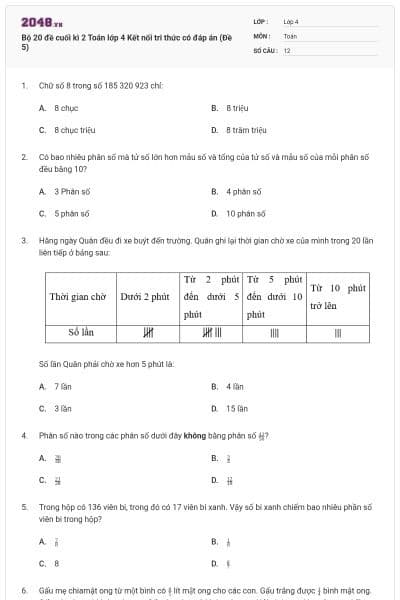 Bộ 20 đề cuối kì 2 Toán lớp 4 Kết nối tri thức có đáp án (Đề 5)