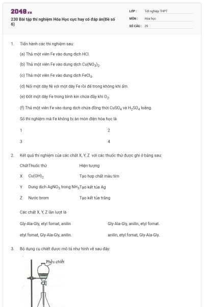 230 Bài tập thí nghiệm Hóa Học cực hay có đáp án(Đề số 6)