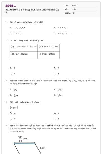 Bộ 20 đề cuối kì 2 Toán lớp 4 Kết nối tri thức có đáp án (Đề 6)