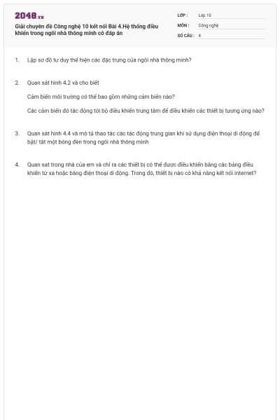 Giải chuyên đề Công nghệ 10 kết nối Bài 4.Hệ thống điều khiển trong ngôi nhà thông minh có đáp án