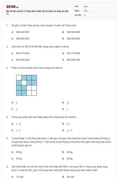 Bộ 20 đề cuối kì 2 Toán lớp 4 Kết nối tri thức có đáp án (Đề 7)