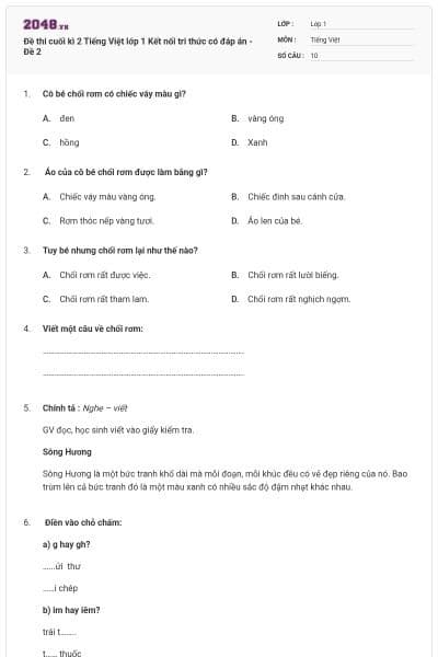 Đề thi cuối kì 2 Tiếng Việt lớp 1 Kết nối tri thức có đáp án - Đề 2