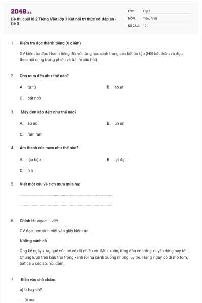 Đề thi cuối kì 2 Tiếng Việt lớp 1 Kết nối tri thức có đáp án - Đề 3