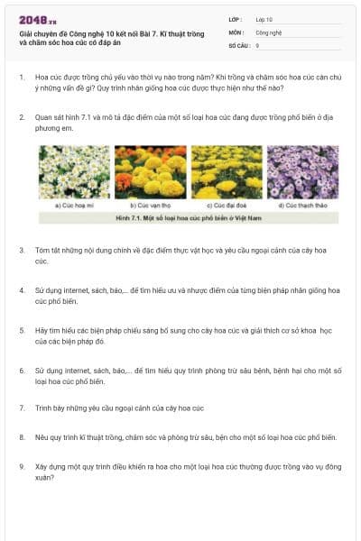 Giải chuyên đề Công nghệ 10 kết nối Bài 7. Kĩ thuật trồng và chăm sóc hoa cúc có đáp án