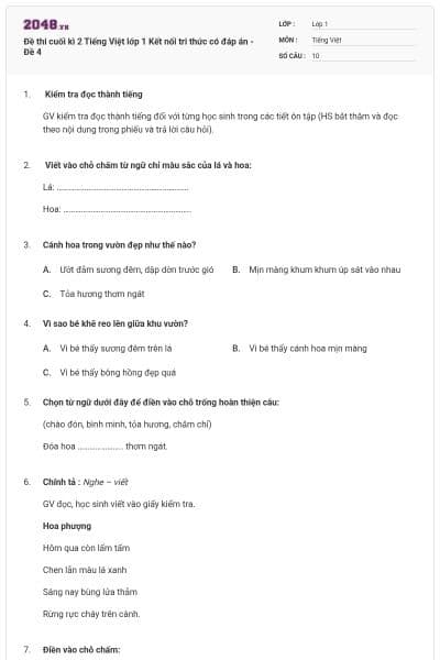 Đề thi cuối kì 2 Tiếng Việt lớp 1 Kết nối tri thức có đáp án - Đề 4