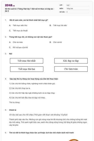 Đề thi cuối kì 2 Tiếng Việt lớp 1 Kết nối tri thức có đáp án - Đề 5